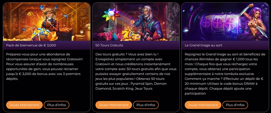 Bonus GratoWin - Promotions et offres casino pour joueurs français